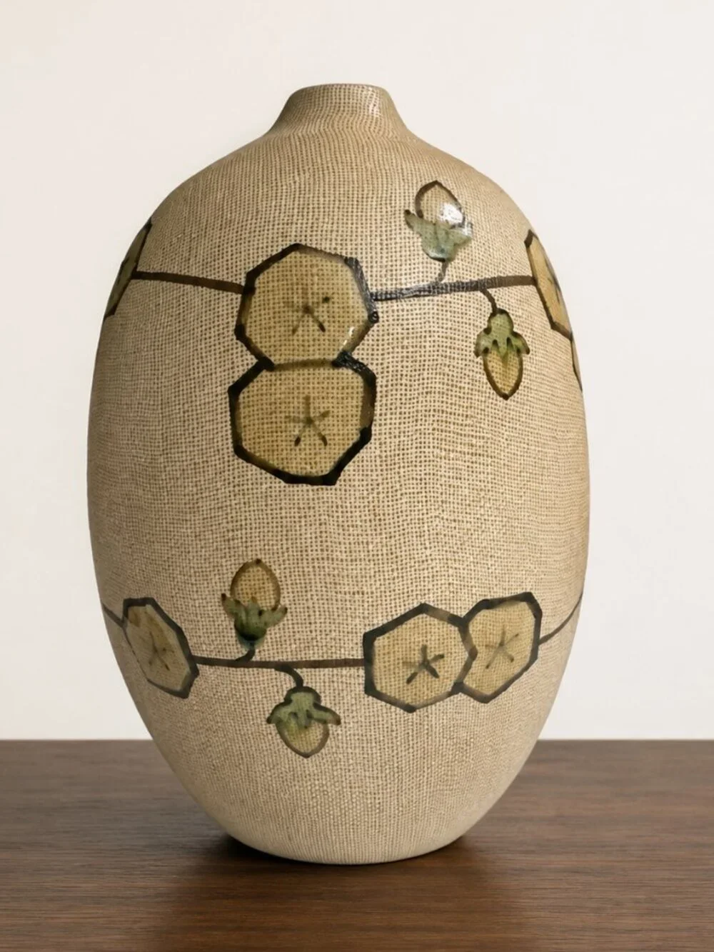 Vintage 1960s MCM Textured Clay Vase Geometric Floral Art Pottery 10.5